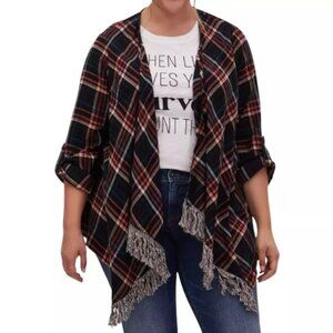 EUC Torrid 2X Flannel Plaid Drape Fringe Hem 3rd Piece Casual Roll Tab Sleeve